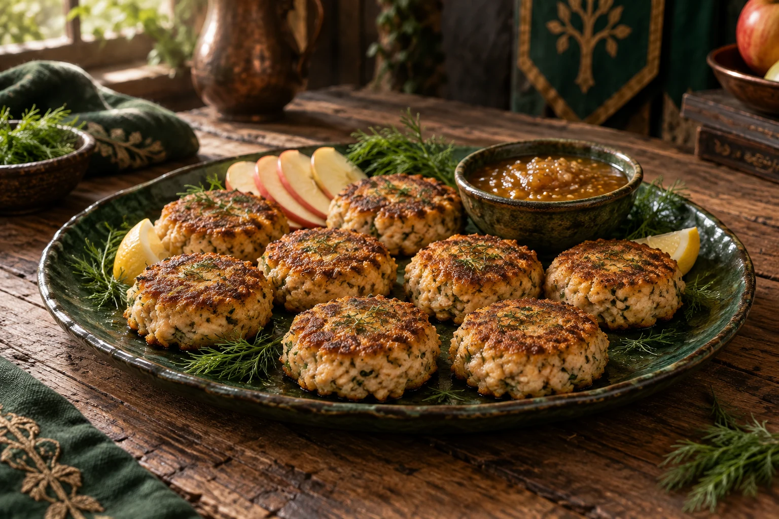 Eight golden-brown herb trout cakes on a dark green platter with apple mustard, apple slices, dill, and lemon.