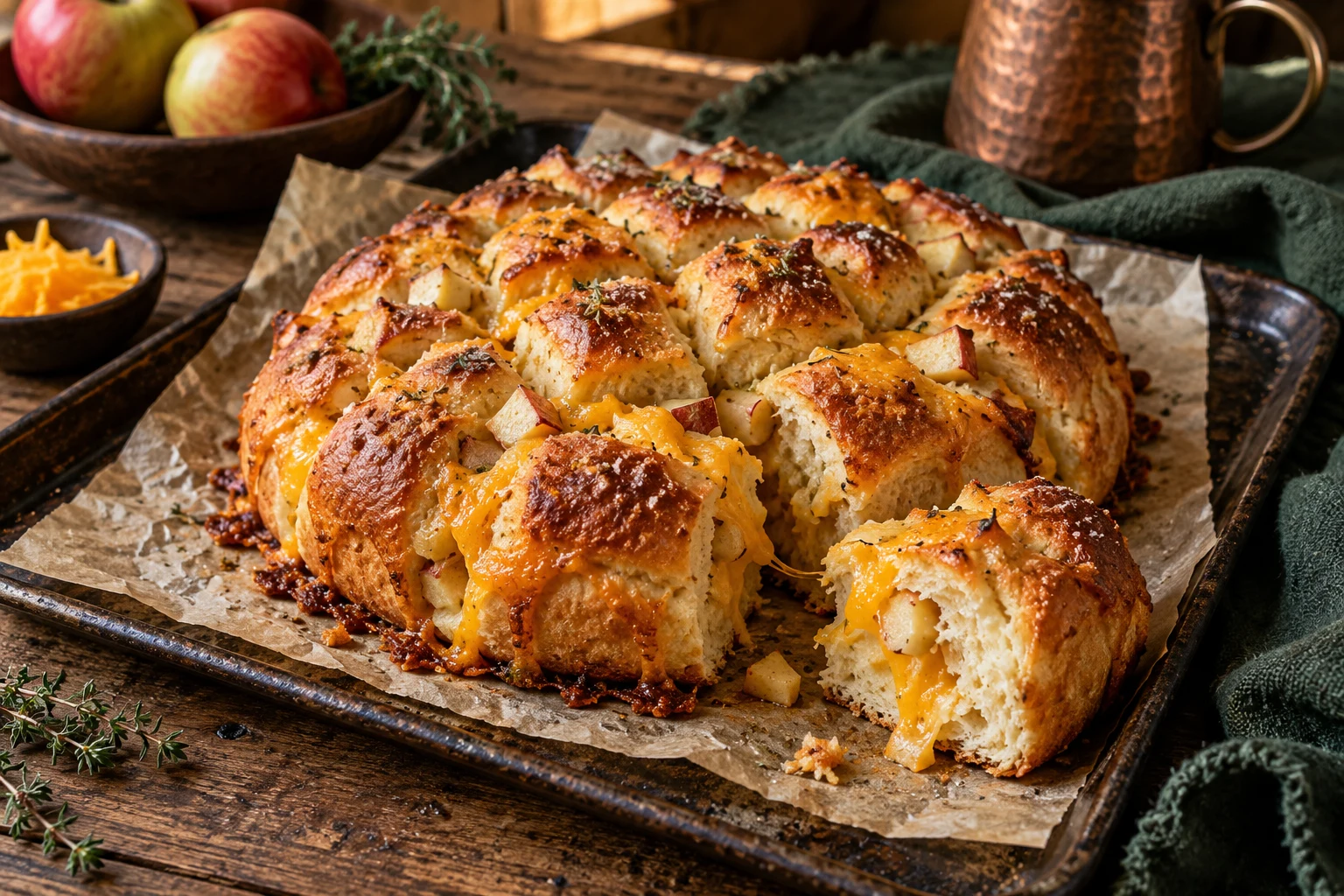 Golden apple-cheddar pull-apart bread on parchment, with one soft square separated to show melted cheddar and diced apple.