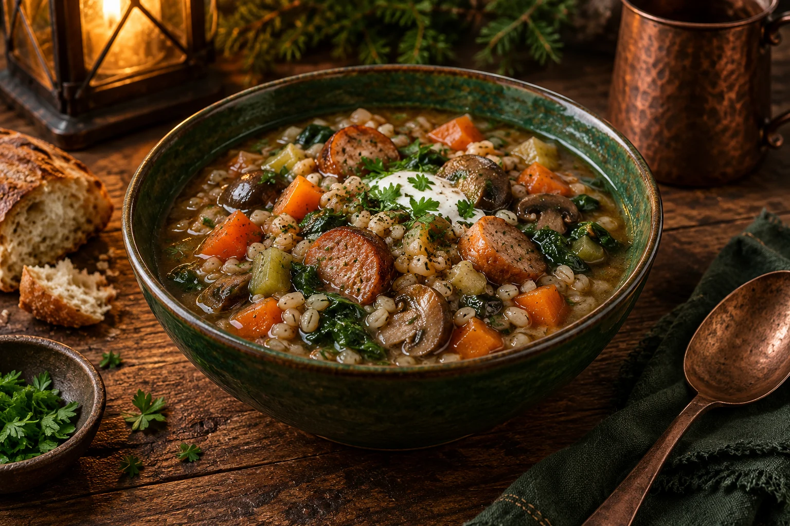 A deep green bowl of chicken-sausage and barley stew with mushrooms, carrots, celery, spinach, and a small spoonful of light sour cream.