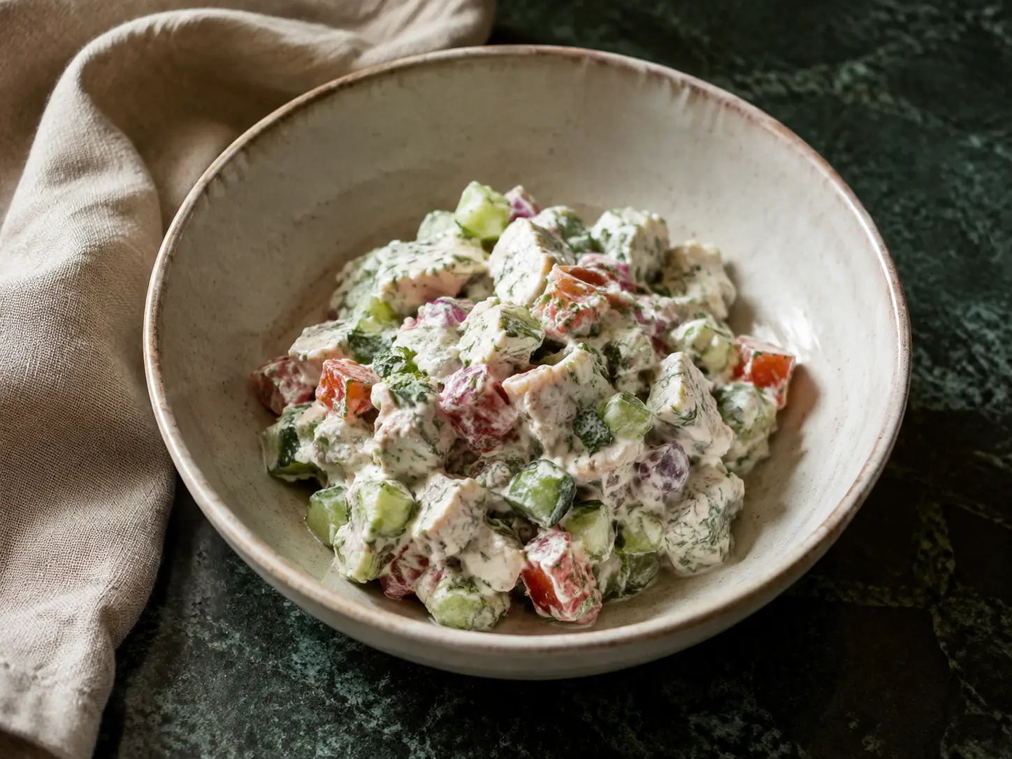 Creamy feta chicken salad with finely chopped cucumber, tomato, red onion, dill, and mint in a cream stoneware bowl on dark forest-green stone.