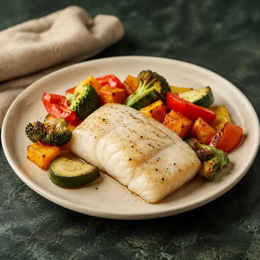 A modest plate with one flaky white-fish fillet, tender roasted vegetables, and sweet potato on dark green stone.