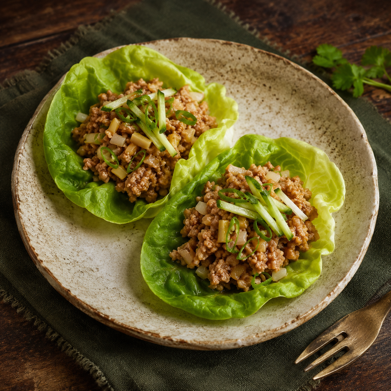 Chicken, mushrooms, and water chestnuts in butter-lettuce cups beside forest-green linen.