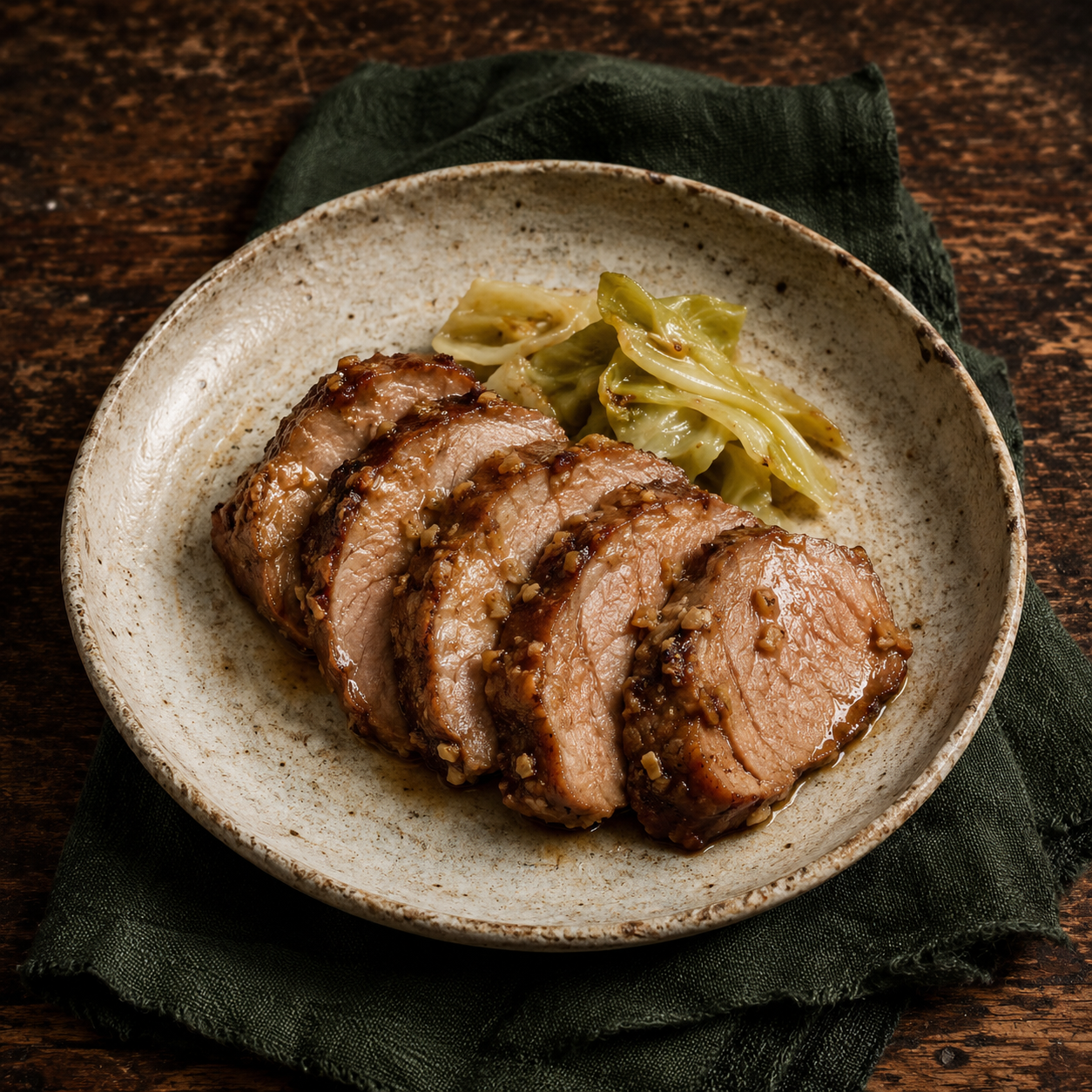 Painterly guildhall serving of Asian Pork Tenderloin beside forest-green linen.
