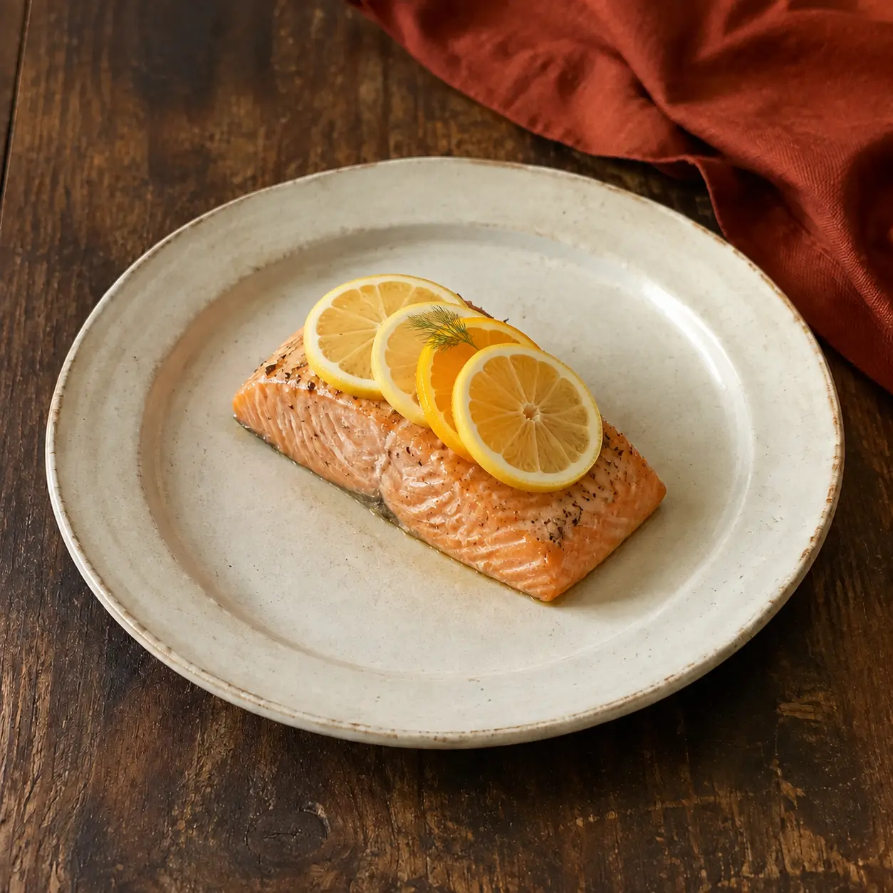 A small baked salmon fillet with thin lemon and orange slices on cream stoneware.