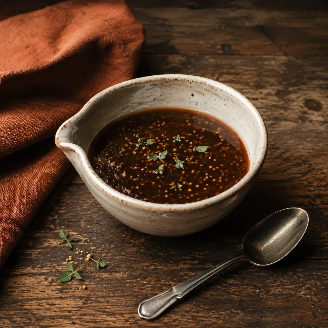 Glossy balsamic Dijon dressing in a cream stoneware bowl beside muted-rust linen.