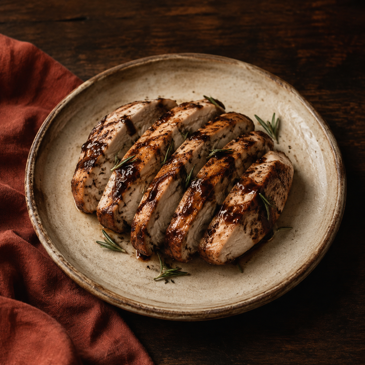 Painterly guildhall serving of Balsamic Roast Chicken beside muted-rust linen.