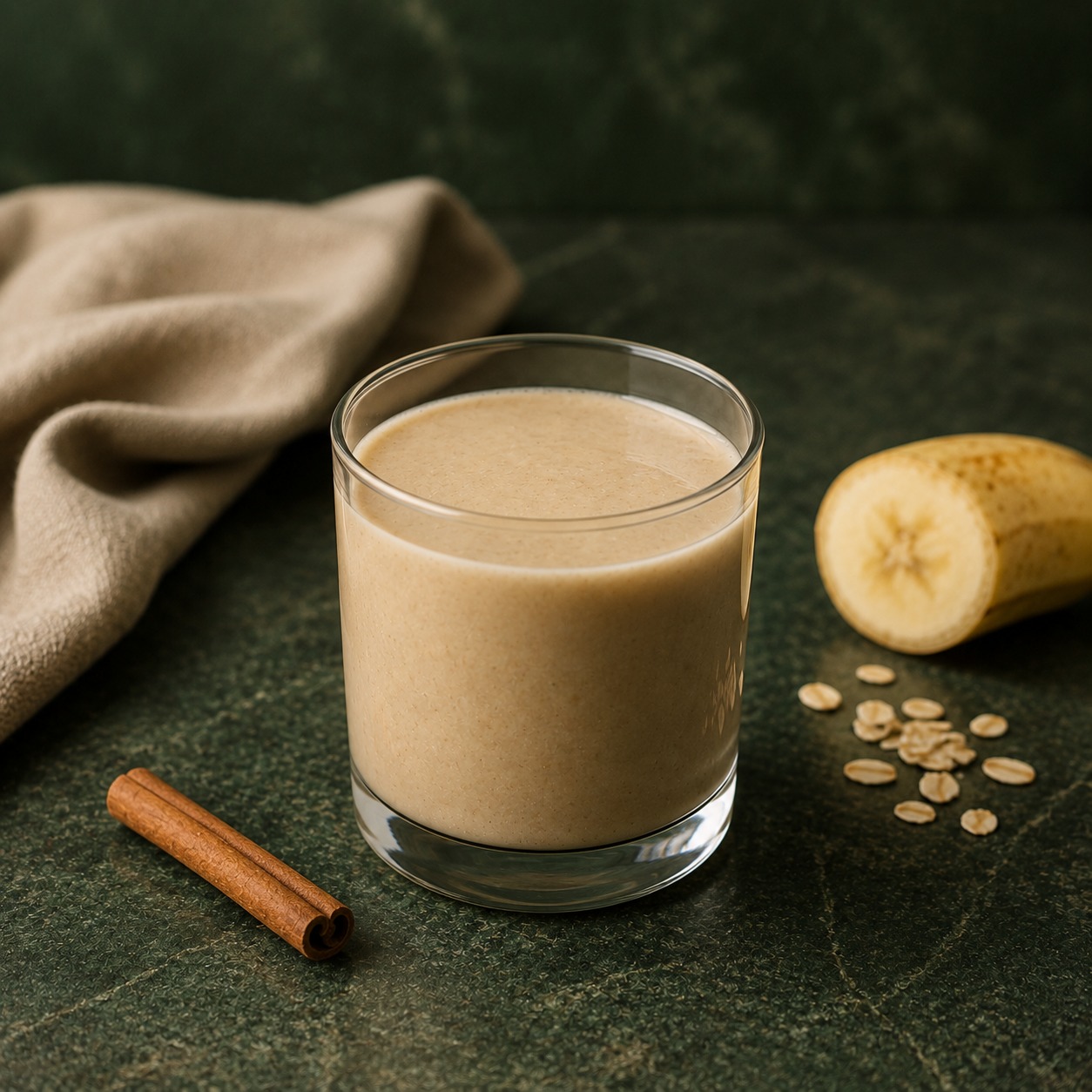 A small creamy banana bread protein smoothie in a clear glass with banana, oats, and cinnamon nearby.