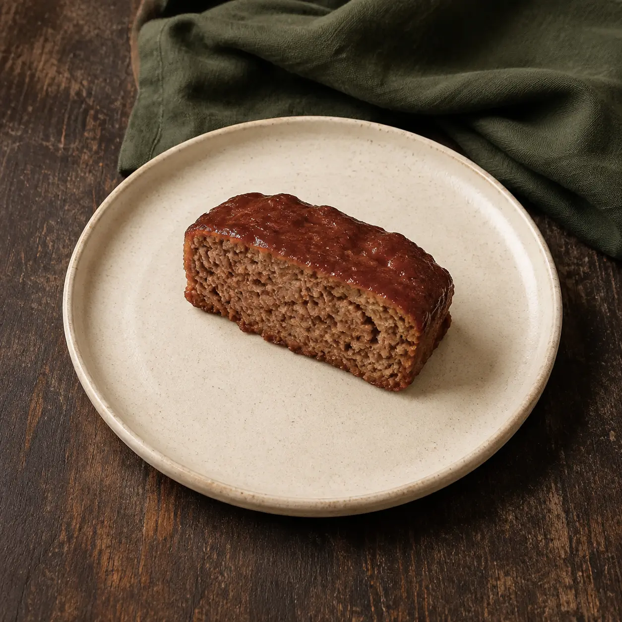 One small slice of lean meatloaf with restrained barbecue glaze on cream stoneware.