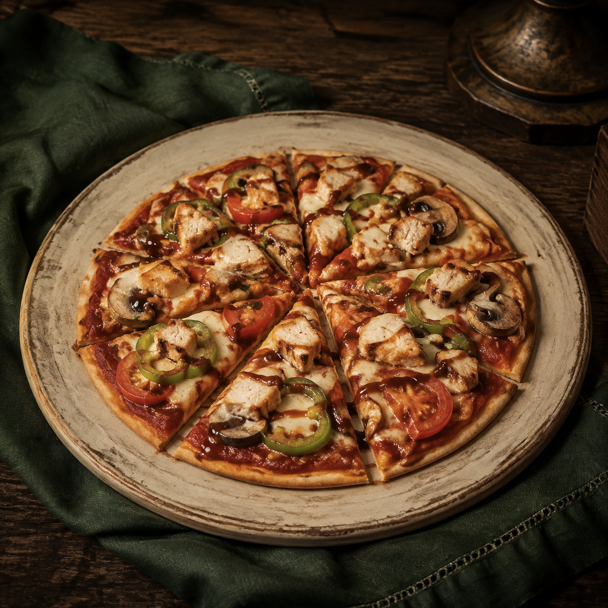 Painterly guildhall serving of Barbeque Chicken Pizza beside forest-green linen.