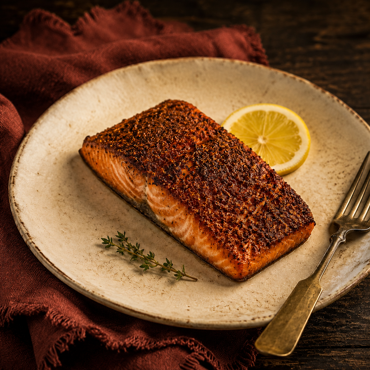 Spice-roasted salmon with a light glaze beside muted-rust linen.