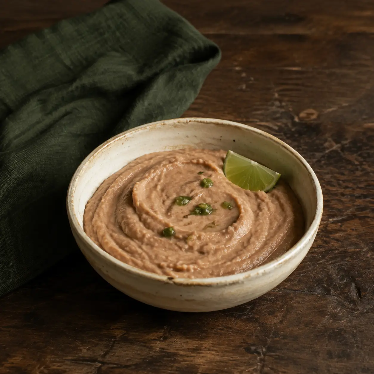 Smooth pinto bean spread with lime in a cream stoneware bowl beside forest-green linen.