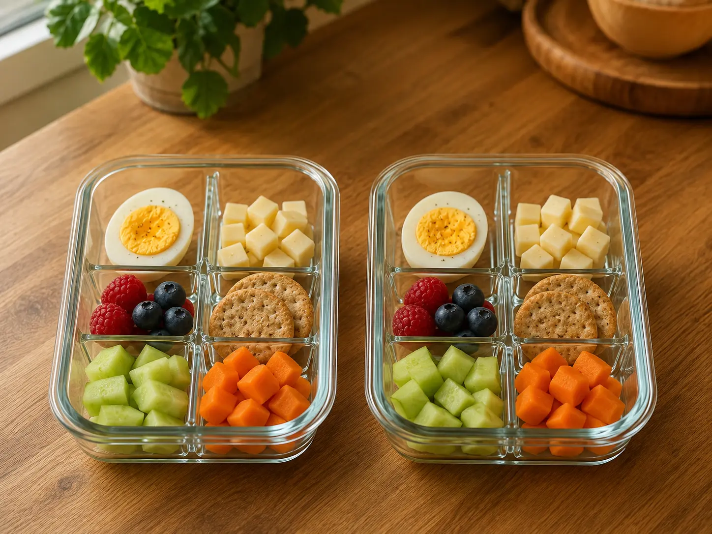 Two divided glass meal-prep boxes with egg, low-fat cheese, berries, crackers, cucumber, and tender carrots on a warm wooden provisioning table.
