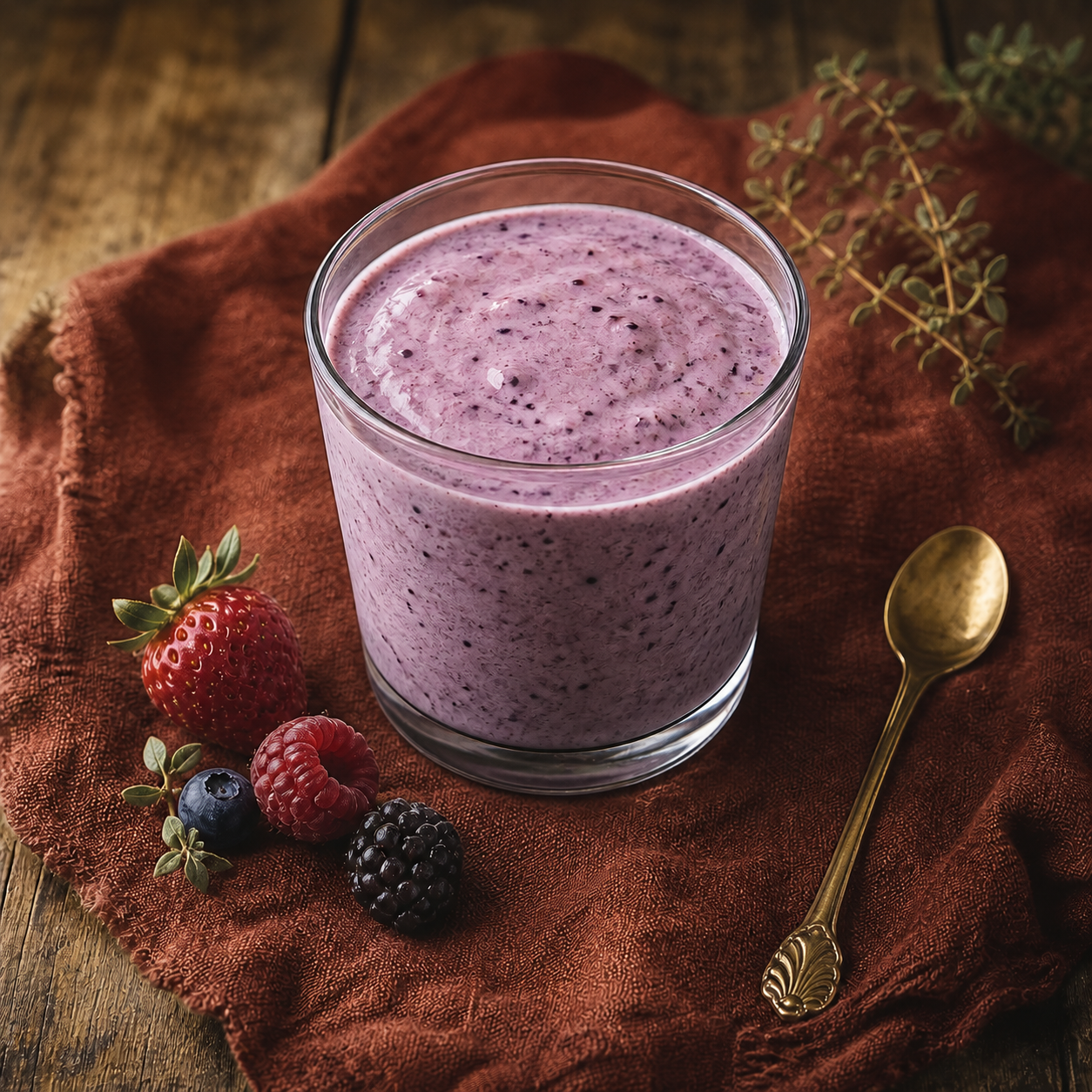 Jewel-purple berry smoothie in a small guild glass