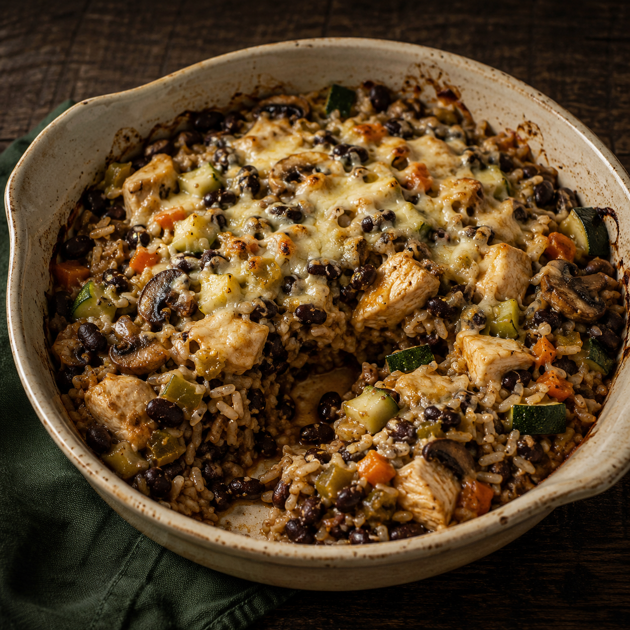 Painterly guildhall serving of Black Bean and Brown Rice Casserole beside forest-green linen.