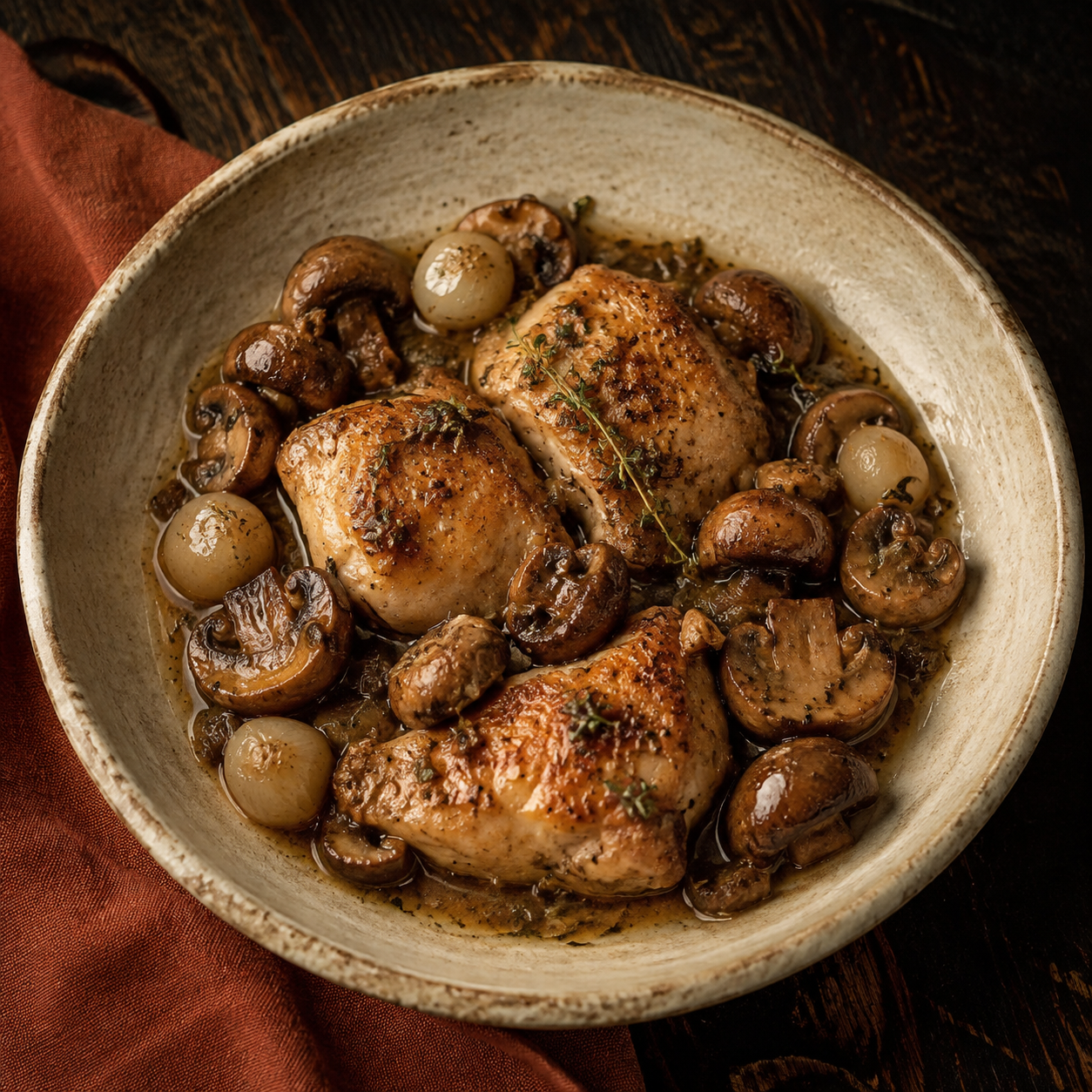 Painterly guildhall serving of Braised Chicken with Mushrooms beside muted-rust linen.
