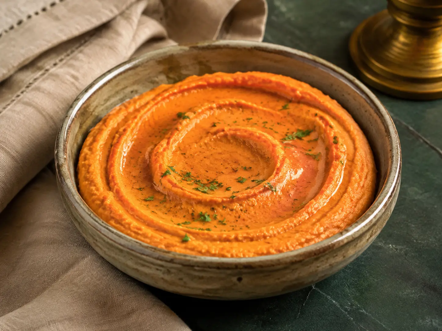 A modest rustic bowl of completely smooth coral-red roasted pepper protein hummus with a subtle swirl.
