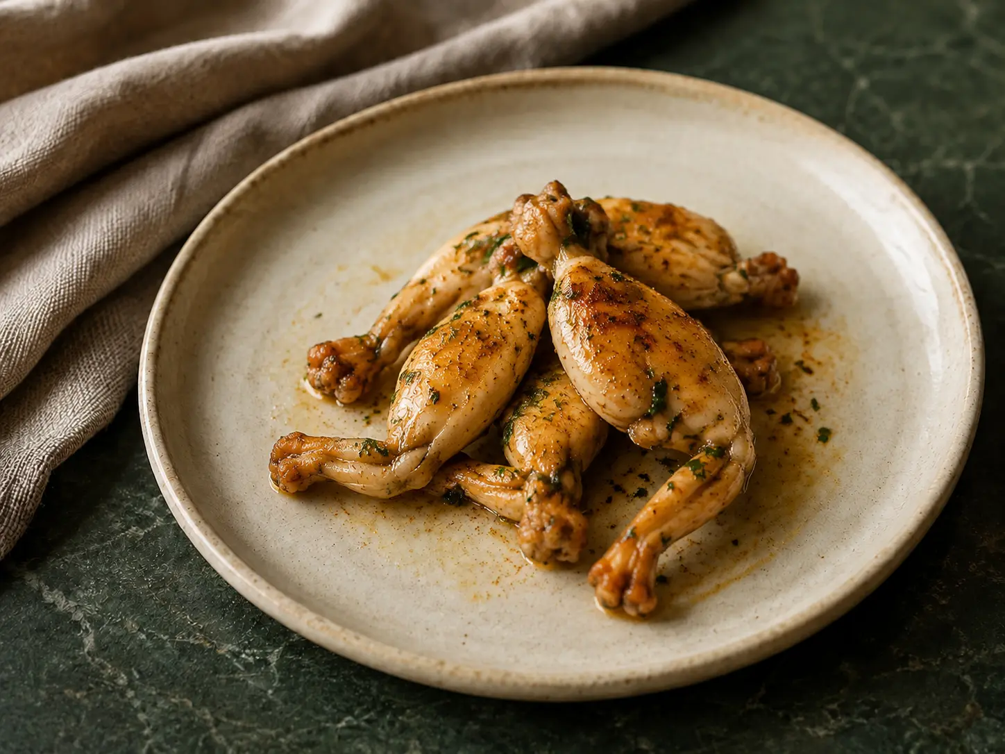 A small piled serving of golden sautéed frog legs with a light ginger-basil glaze on cream stoneware over dark forest-green stone.