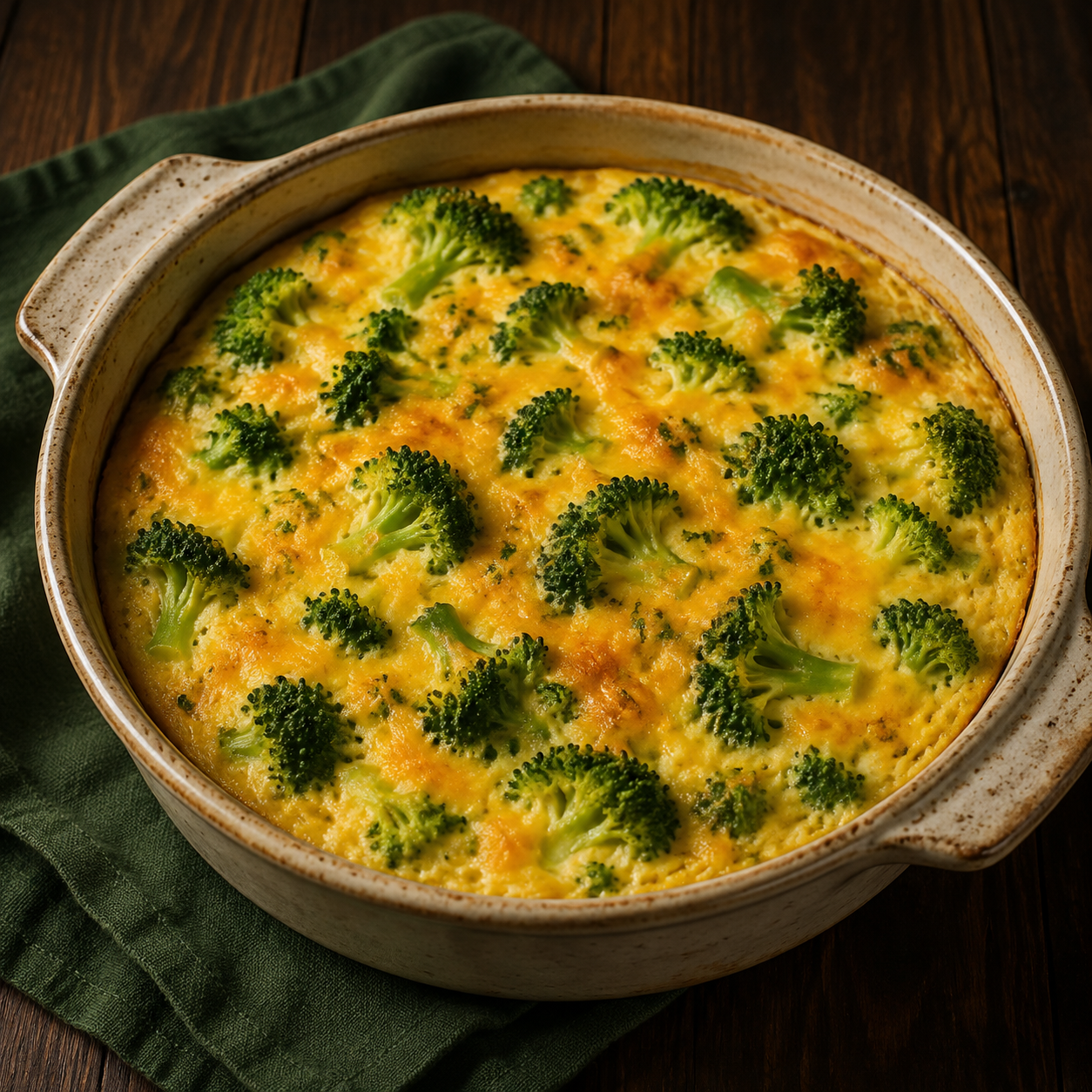 Painterly guildhall serving of Broccoli Cheddar Bake beside forest-green linen.