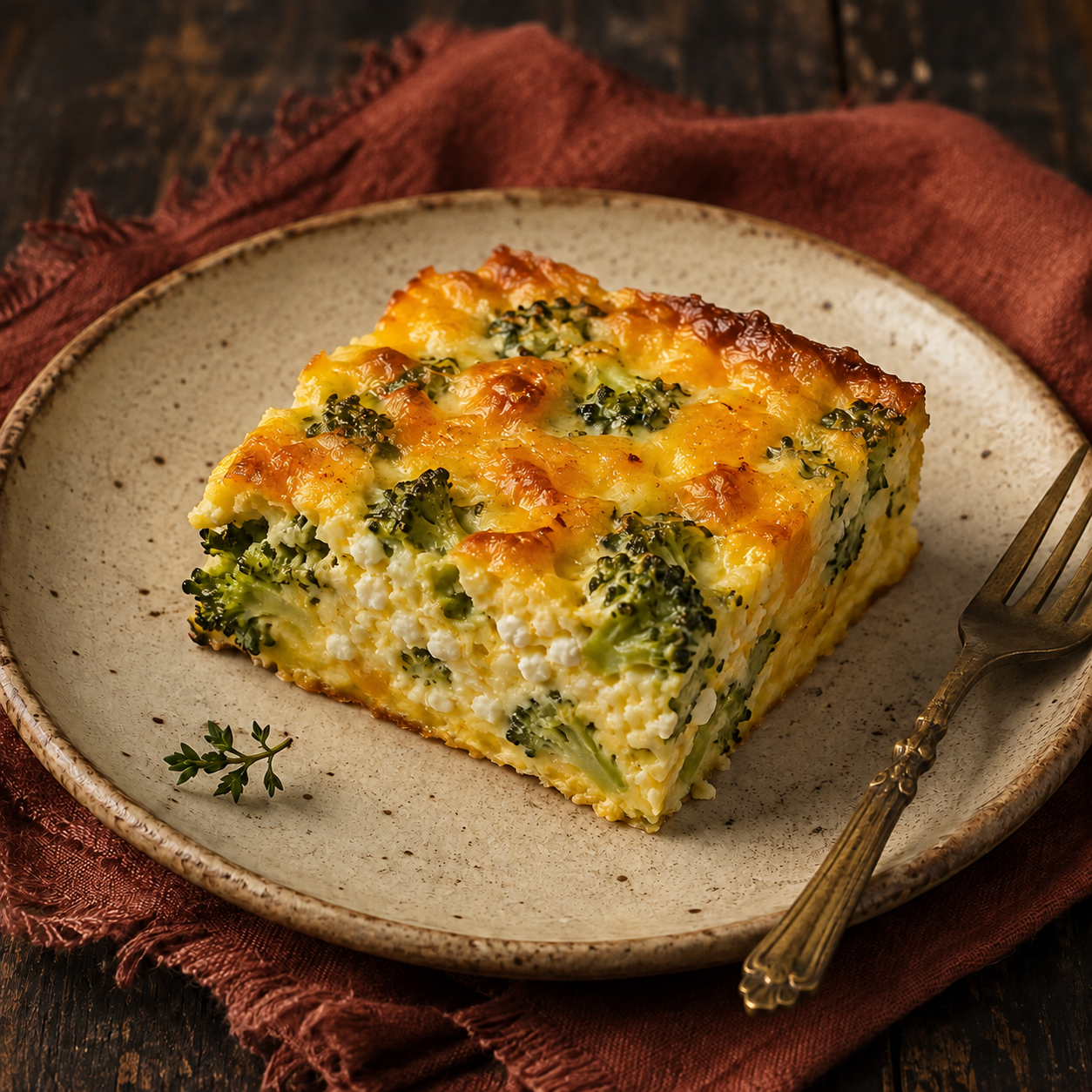 A small square of crustless broccoli egg-and-cheese bake beside muted-rust linen.