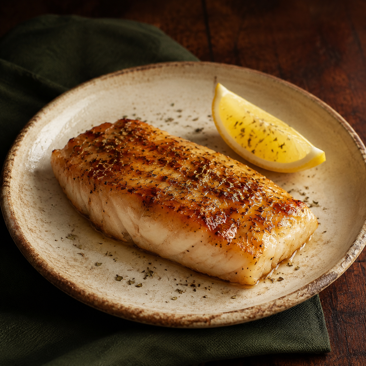Painterly guildhall serving of Broiled Grouper with Teriyaki Sauce beside forest-green linen.