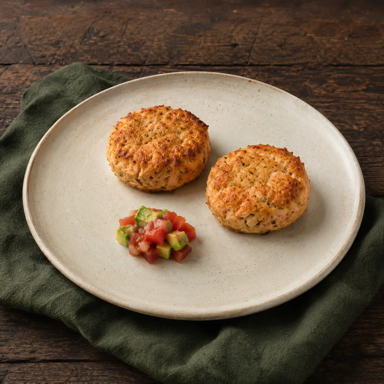 Two small golden salmon cakes with a restrained spoonful of avocado-tomato salsa.