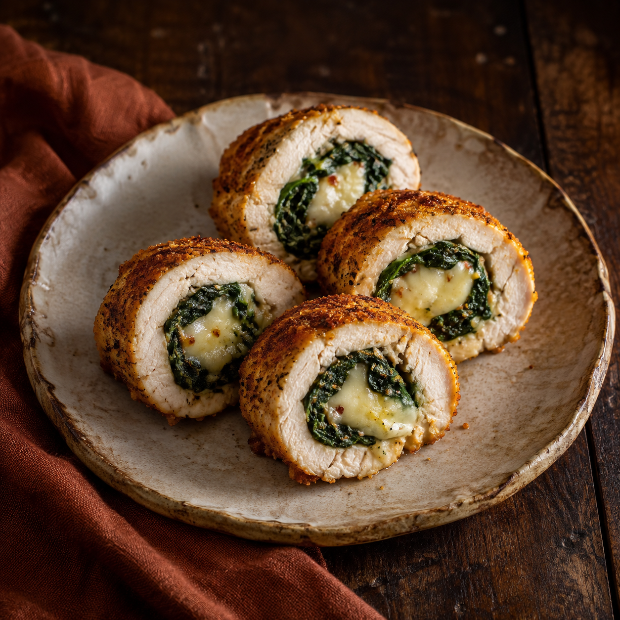 Painterly guildhall serving of Cajun Chicken Stuffed With Pepper Jack Cheese and Spinach beside muted-rust linen.