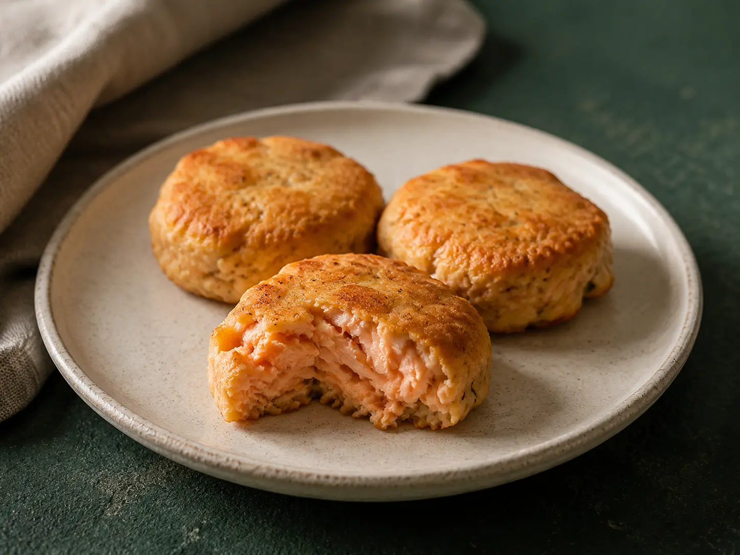 Three small oven-baked salmon patties with lightly golden surfaces on a cream stoneware plate.