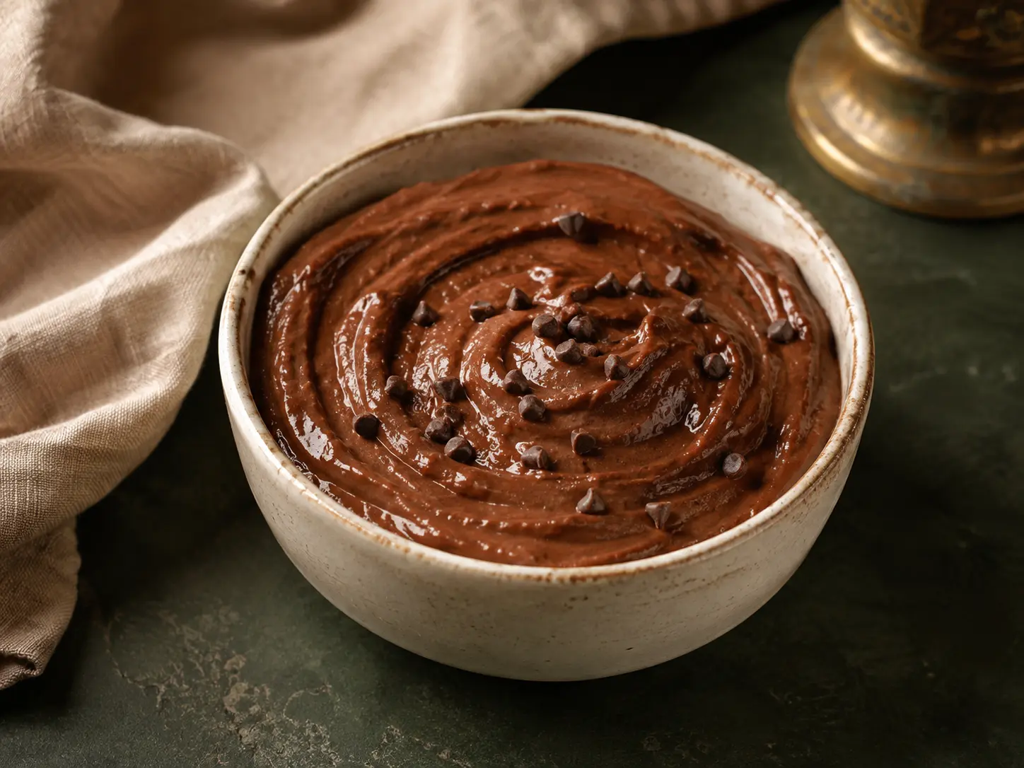 A rustic ceramic bowl of thick chocolate-peanut protein cream with a restrained scattering of mini chocolate chips on dark green stone.