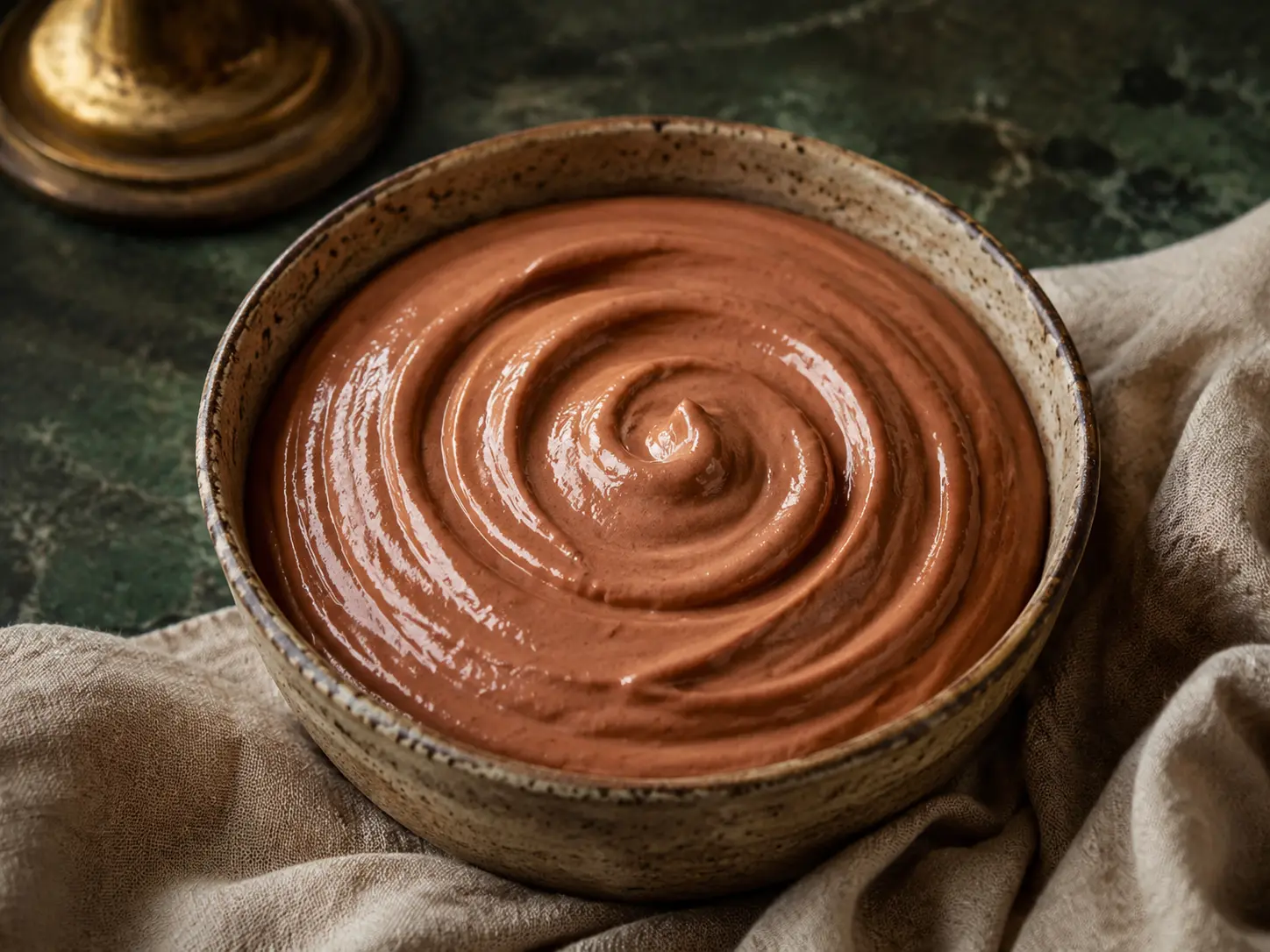 An immaculate rustic bowl of glossy smooth cocoa-peanut cottage-cheese dip with a precise spiral on dark green stone.