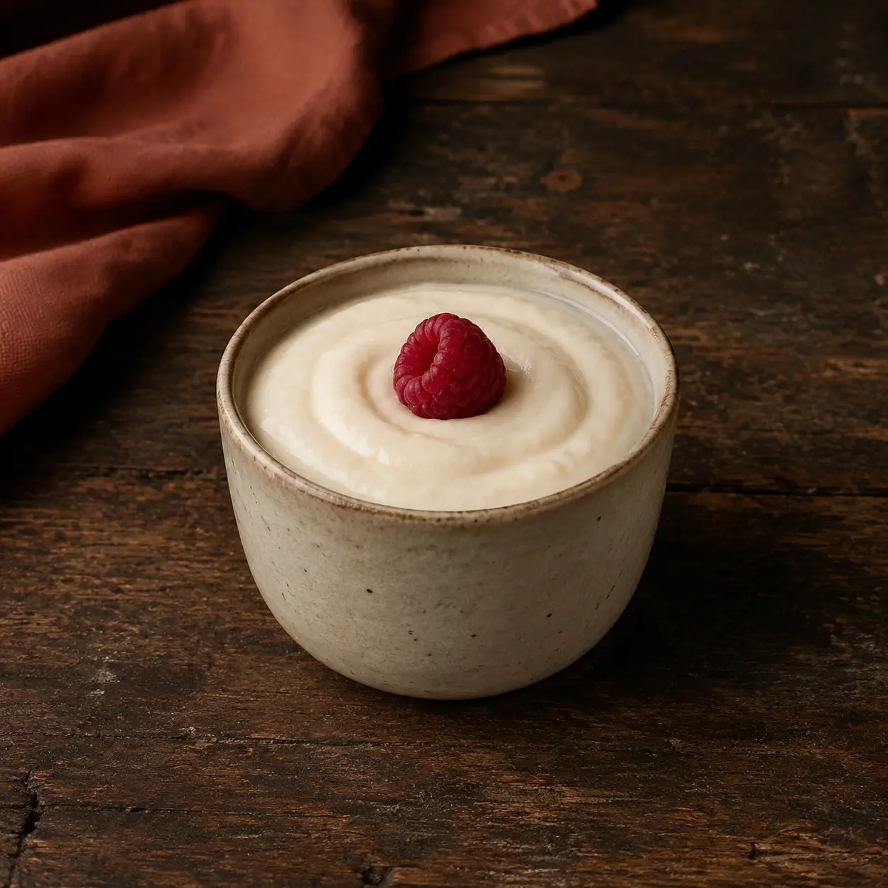 Smooth cheesecake yogurt pudding with one raspberry in cream stoneware beside muted-rust linen.