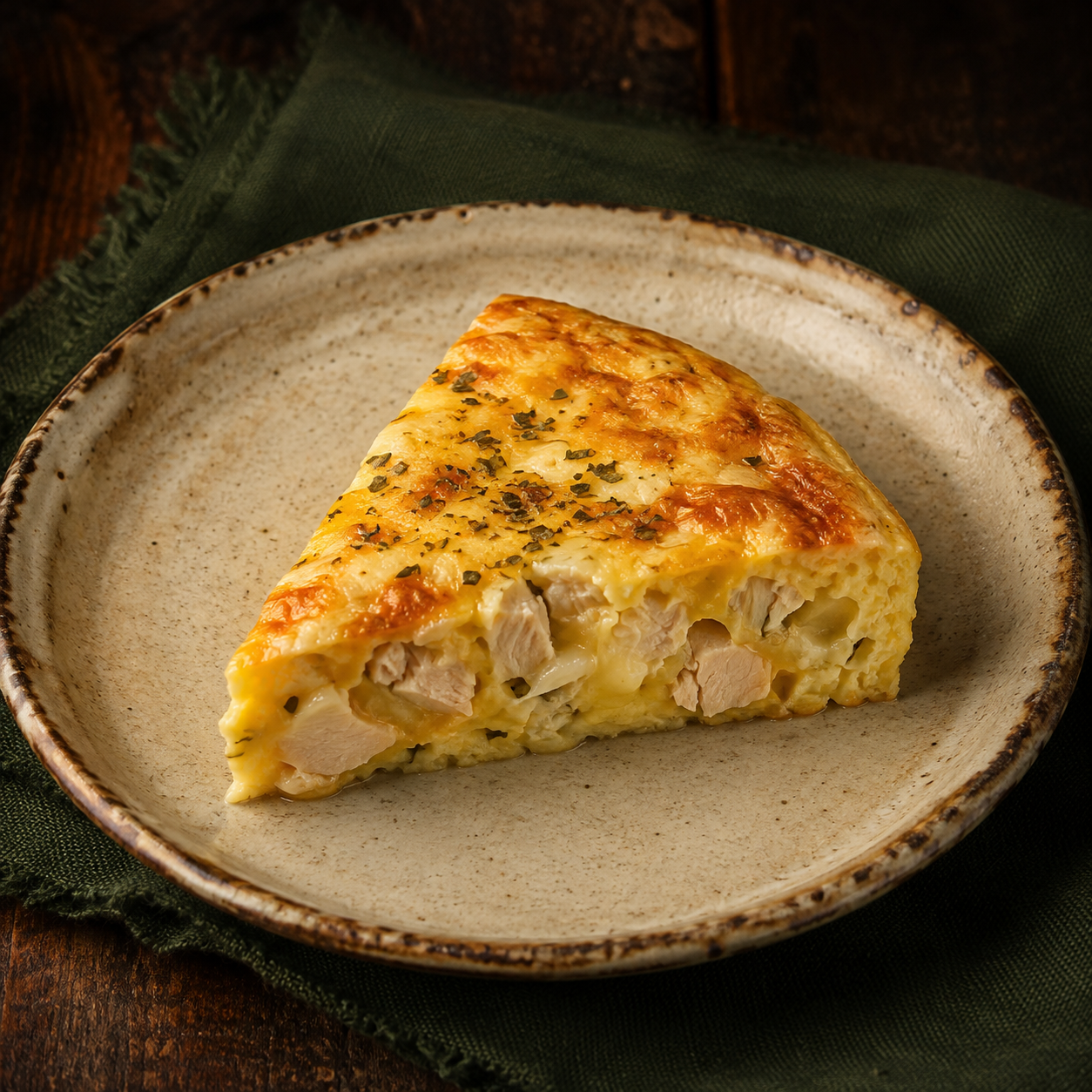 Painterly guildhall serving of Cheesy Crustless Quiche beside forest-green linen.