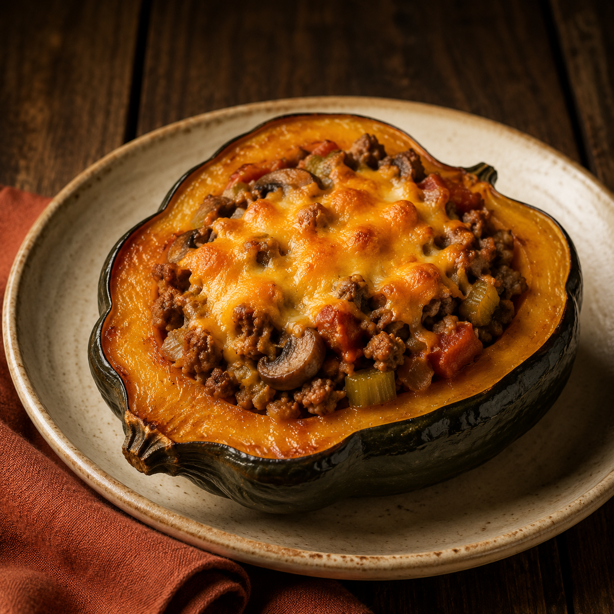 Painterly guildhall serving of Cheesy Stuffed Acorn Squash beside muted-rust linen.