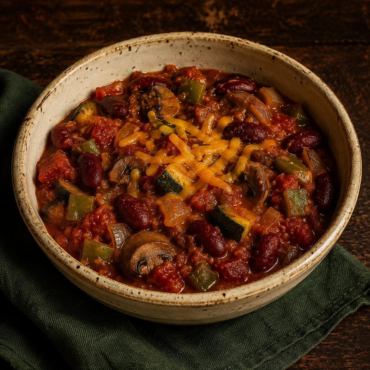 Painterly guildhall serving of Cheesy Vegetarian Chili beside forest-green linen.