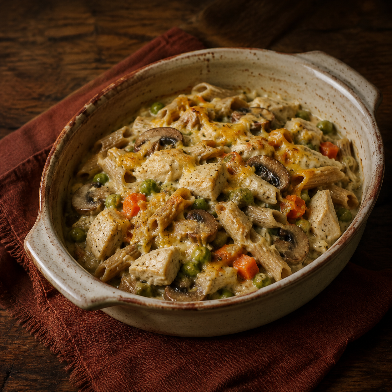 Painterly guildhall serving of Chicken Casserole beside muted-rust linen.