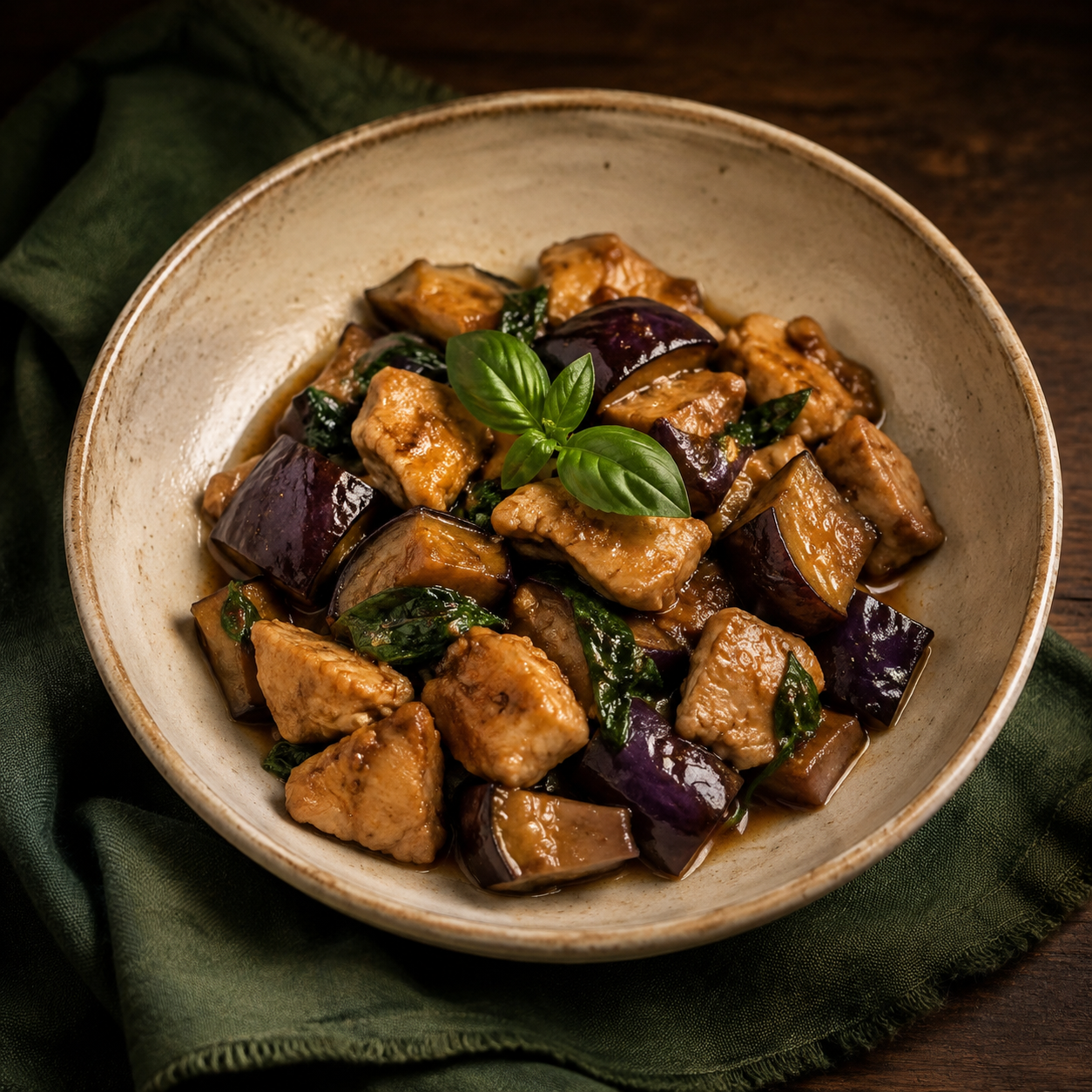 Painterly guildhall serving of Chicken Stir Fry with Eggplant and Basil beside forest-green linen.