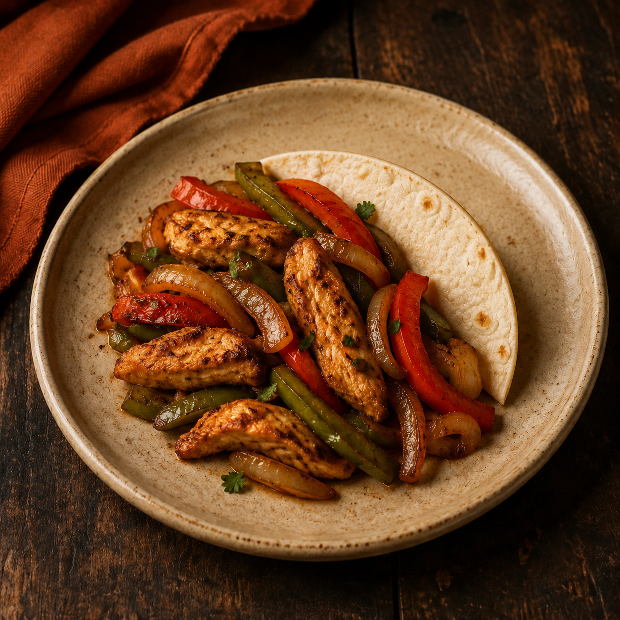 Painterly guildhall serving of Chicken Fajitas beside muted-rust linen.