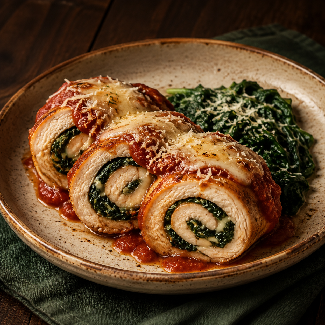 Painterly guildhall serving of Chicken Rollantini with Spinach ala Parmigiana beside forest-green linen.