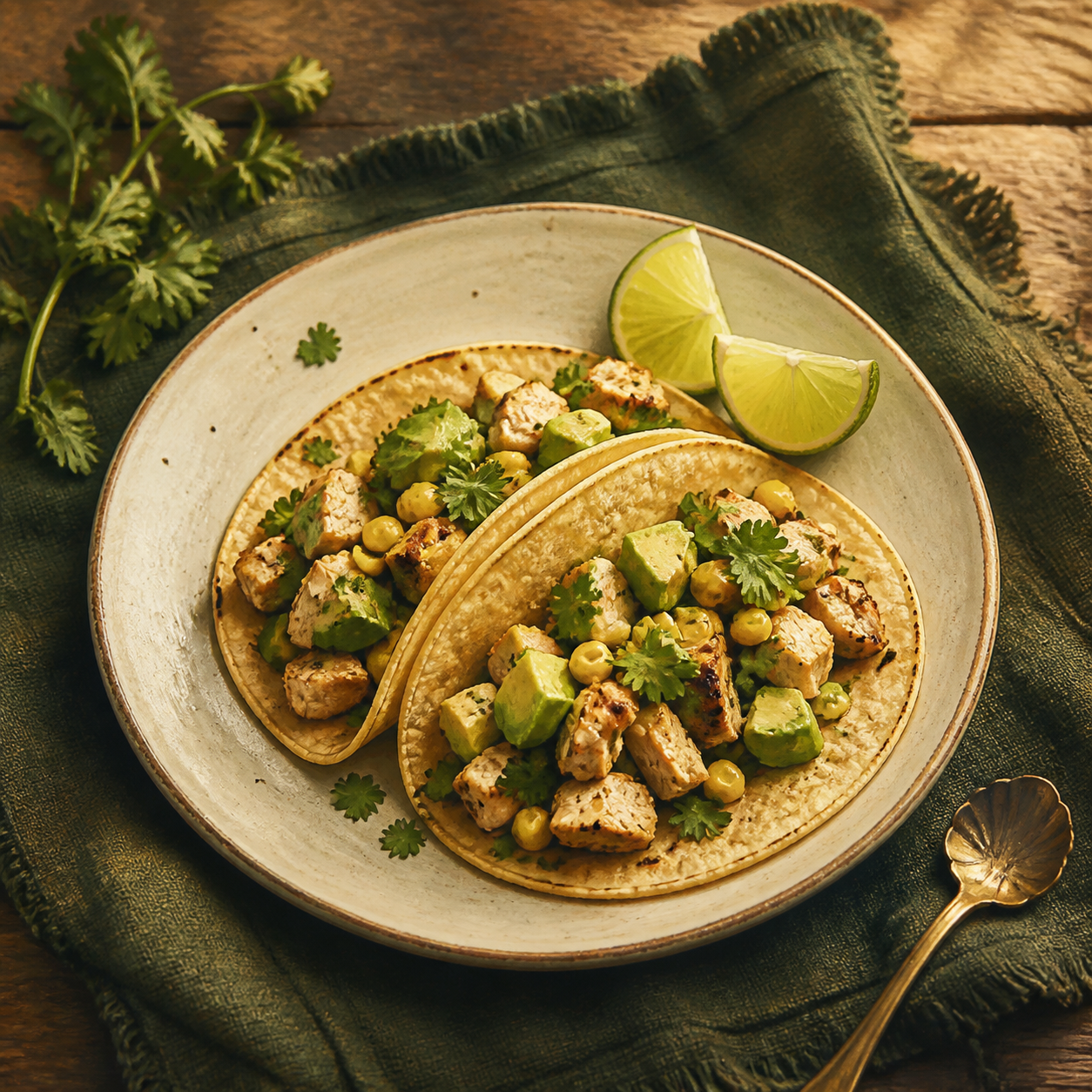 Small chicken street tacos with corn and avocado
