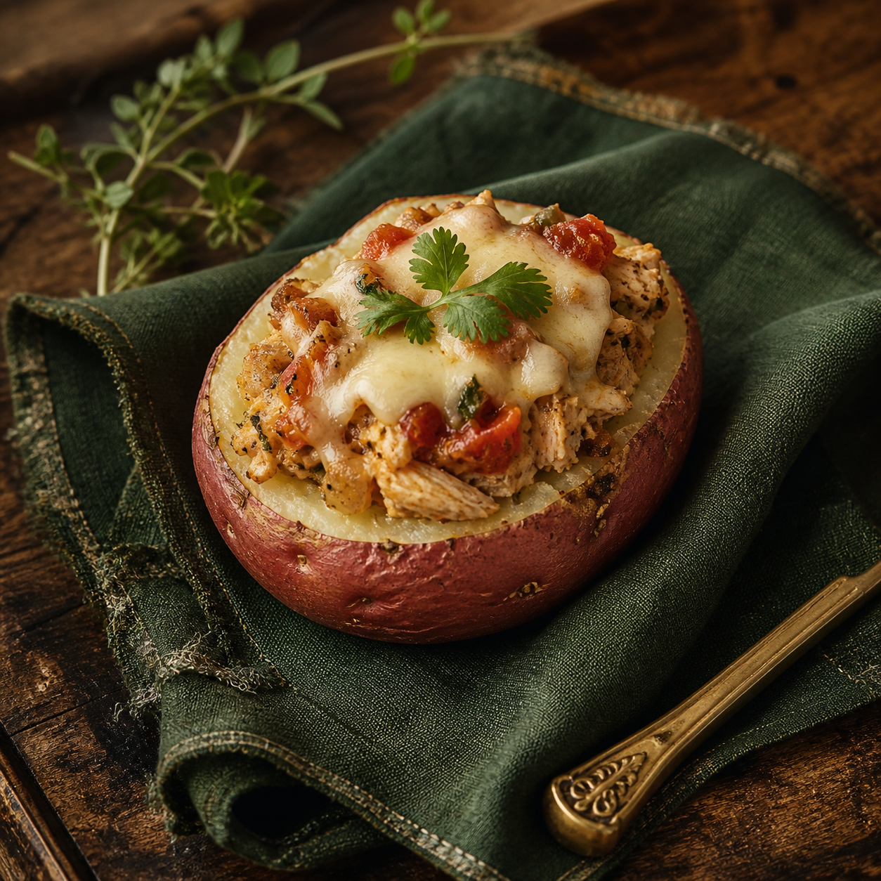 Red potatoes filled with chicken, salsa, and cheese