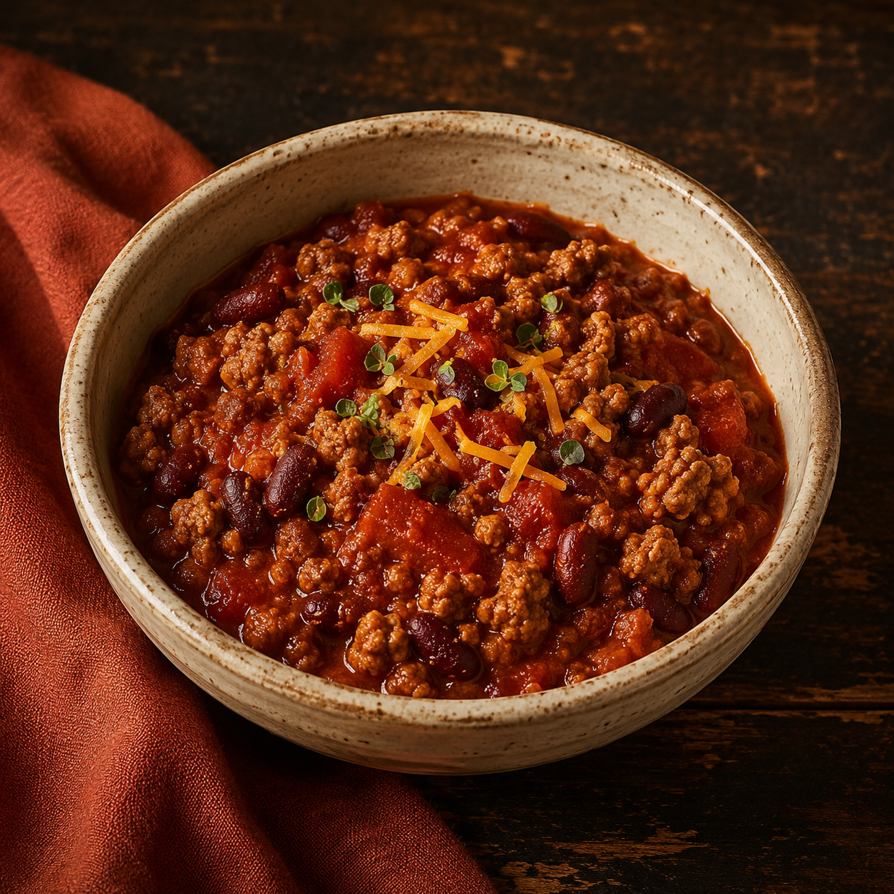 Painterly guildhall serving of Chili beside muted-rust linen.