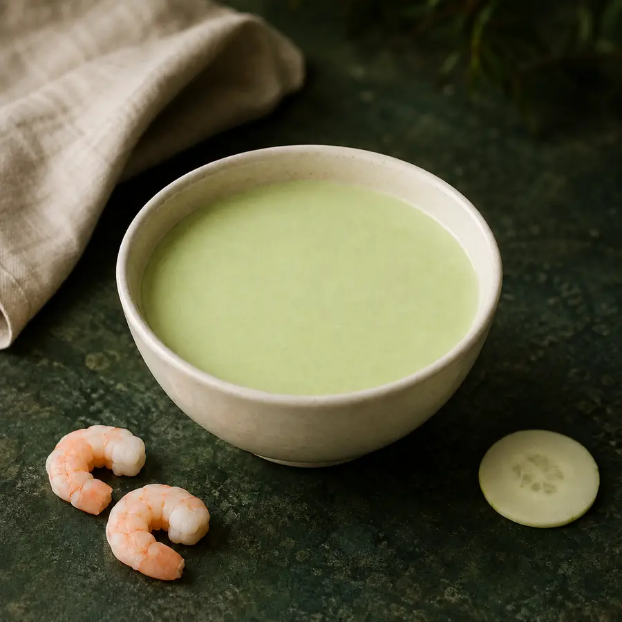 A small bowl of smooth pale-green chilled cucumber shrimp soup on a dark green stone table.
