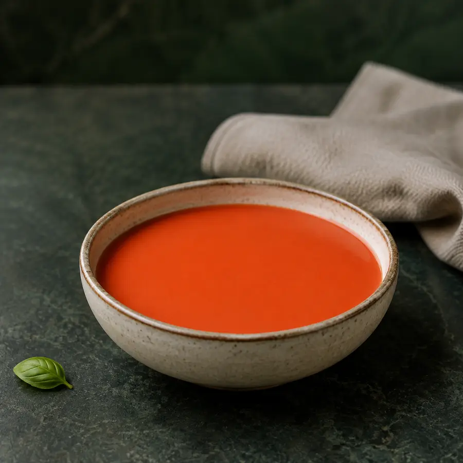 A modest bowl of completely smooth coral-red chilled tomato protein soup on dark green stone.