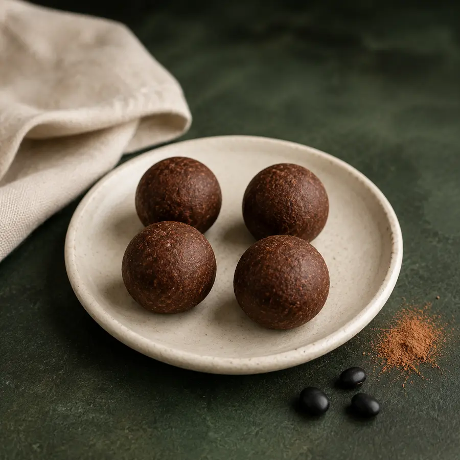 Four small cocoa-black-bean protein bites on a restrained plate over dark forest-green stone.
