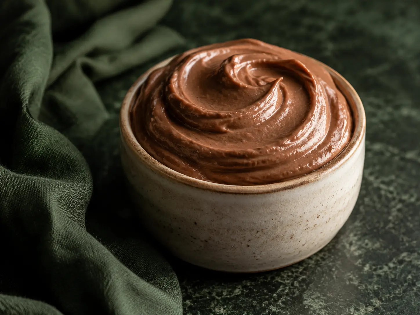 Dark chocolate brownie protein fluff in a small cream stoneware cup beside forest-green linen.