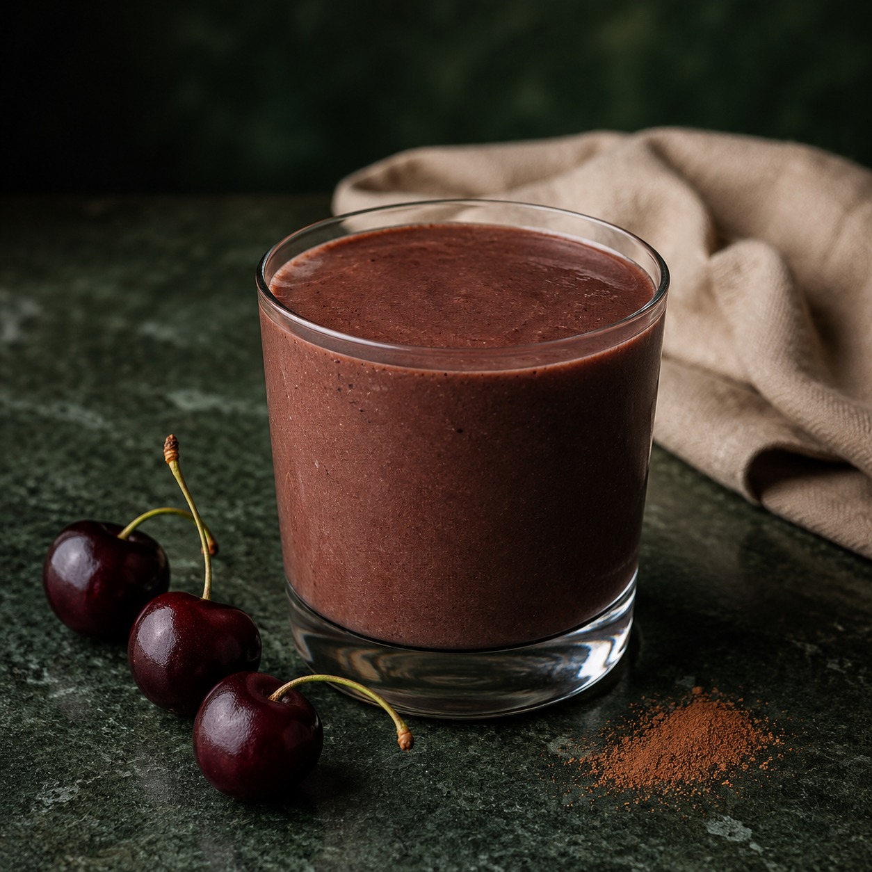 A small dark cocoa-cherry protein smoothie in a clear glass with a few cherries and cocoa nearby.