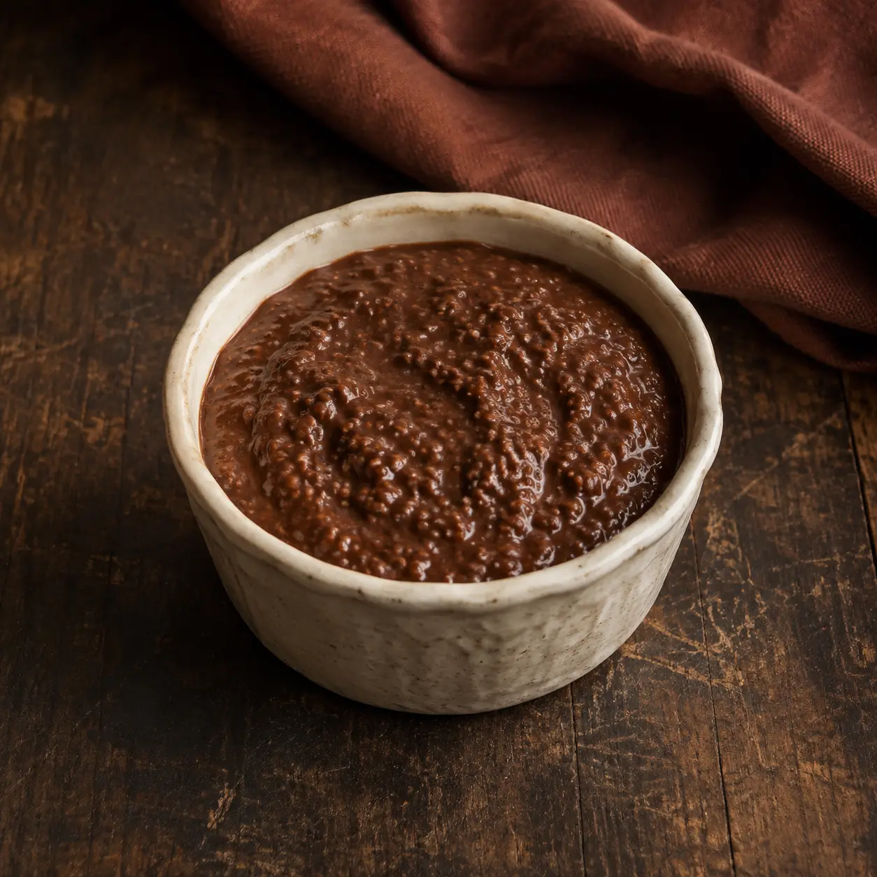 Thick chocolate Greek-yogurt chia pudding in a small cream stoneware cup.