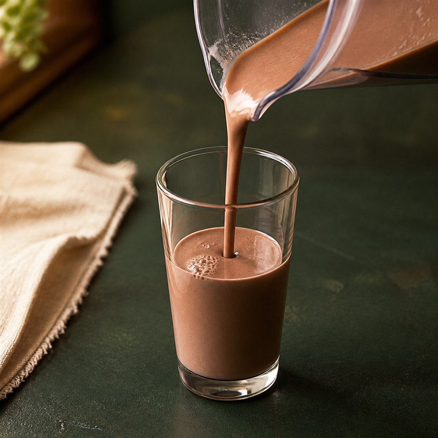 A small chocolate protein shake pouring from a clear blender pitcher into a slender glass.