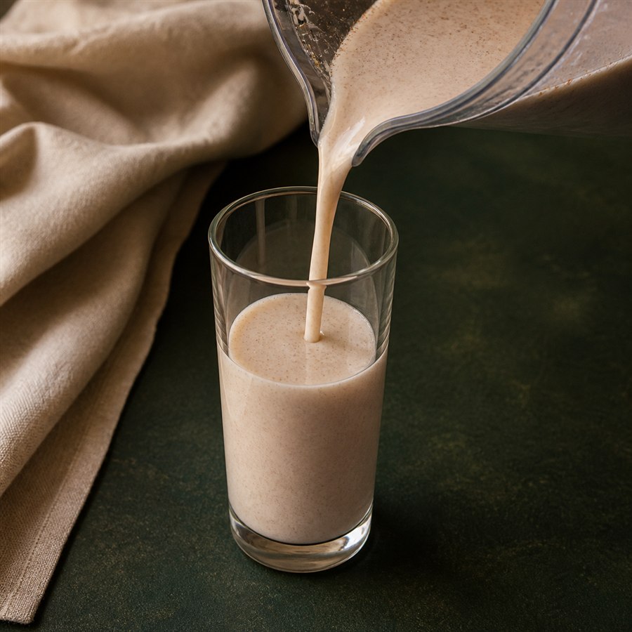 A small cinnamon protein shake pouring from a clear blender pitcher into a slender glass.