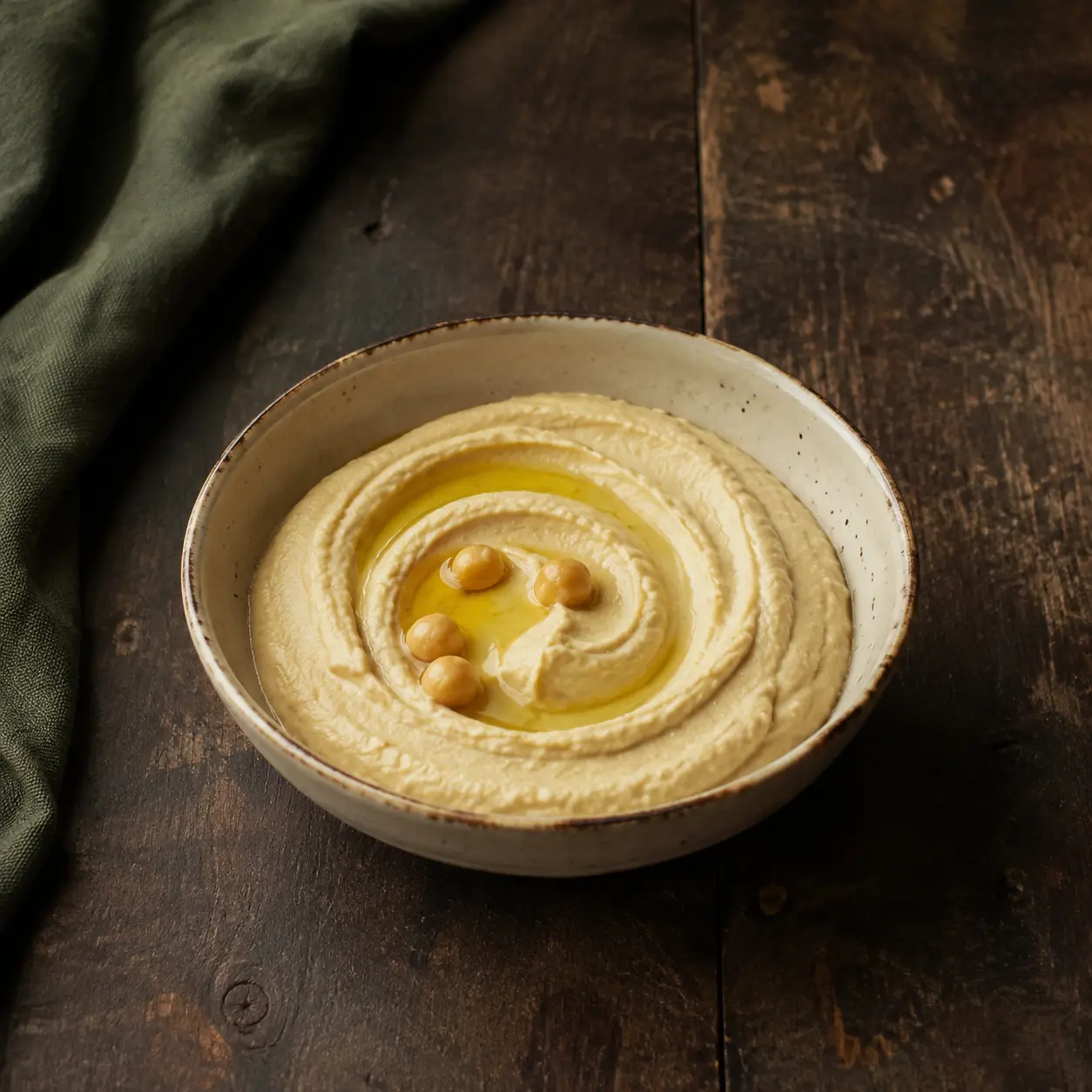 Smooth swirled hummus with chickpeas in cream stoneware beside forest-green linen.