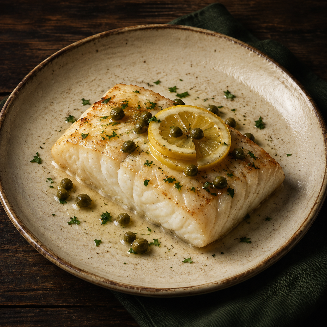 Painterly guildhall serving of Cod with Lemon and Capers beside forest-green linen.